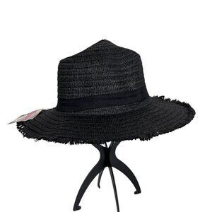 Fashion Hat Woven Fringed Sun Hat Black Grosgrain Ribbon Band Black NWT 9038